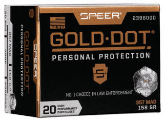 Speer Gold Dot 158gr Hollow Point .357 Magnum ammunition features nickel plated brass cased bullets in a box of 20